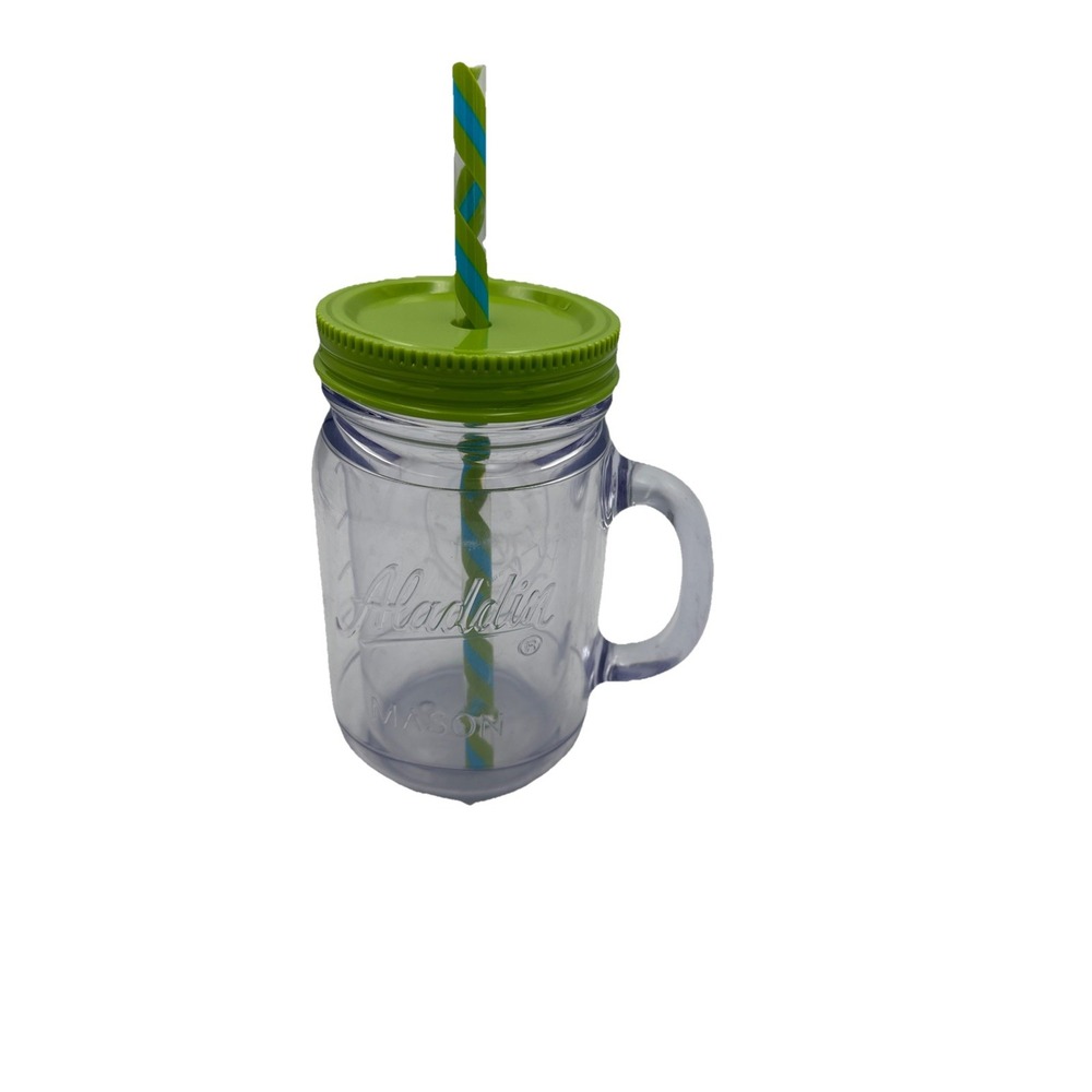 Aladdin Insulated 20oz  Plastic Mason Jar Tumbler with Striped Straw & Green Lid